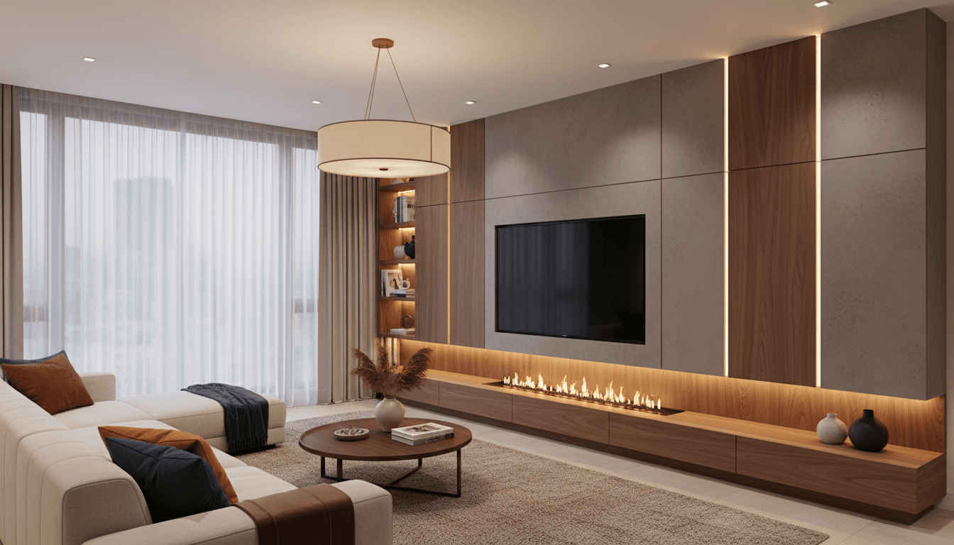 Modern living room with custom built-in media wall and ambient lighting