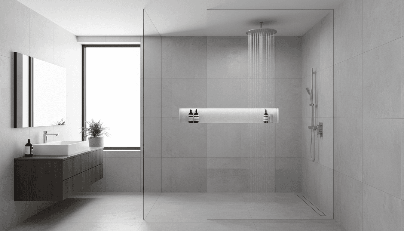 Modern walk-in shower with rainfall head and sleek glass enclosure