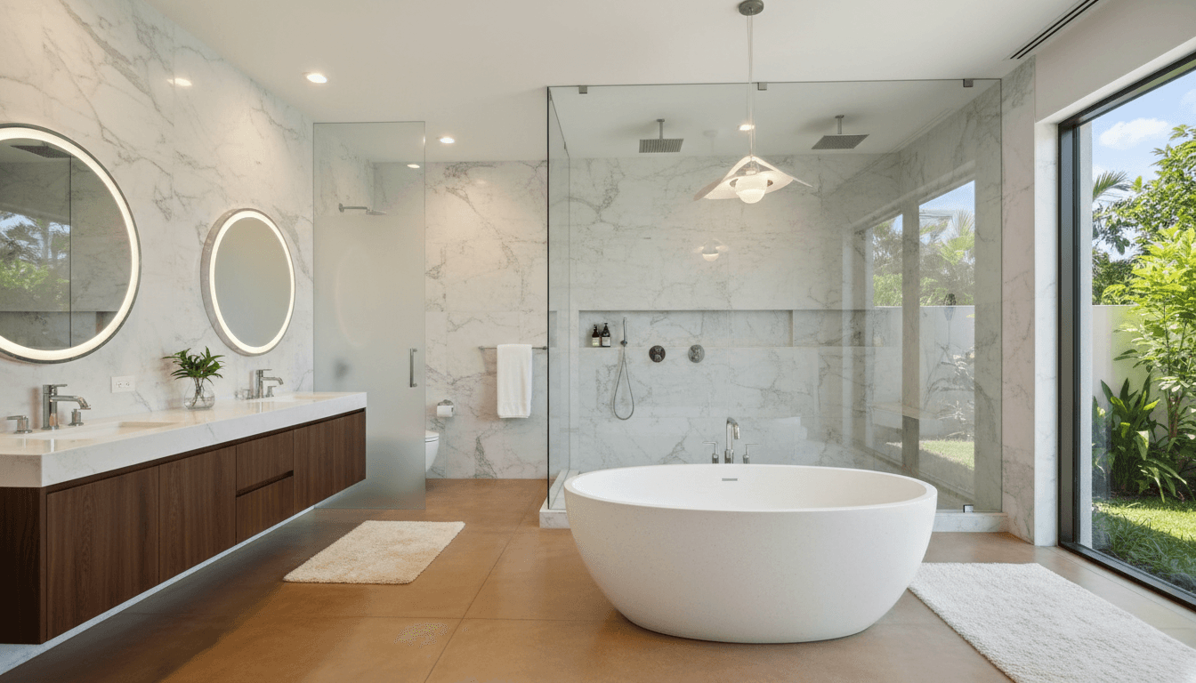 Luxury master bathroom with freestanding soaking tub and walk-in rain shower