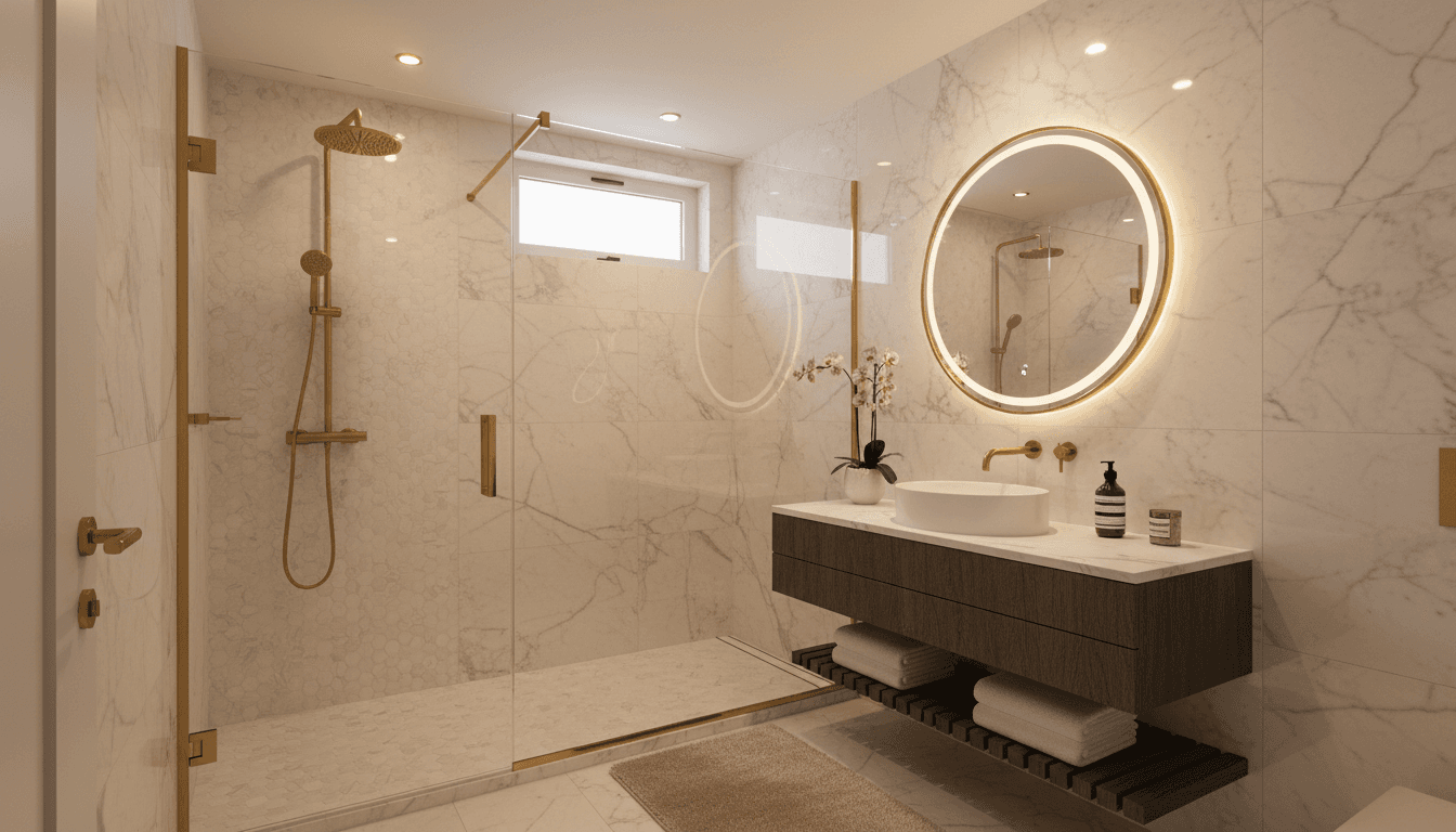 Small luxury bathroom with marble tile and a glass walk-in shower