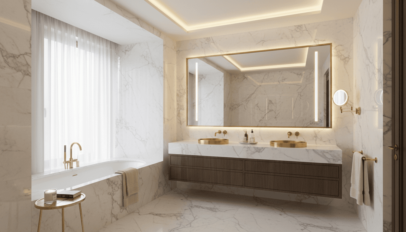 Elegant luxury bathroom interior with marble walls and warm lighting