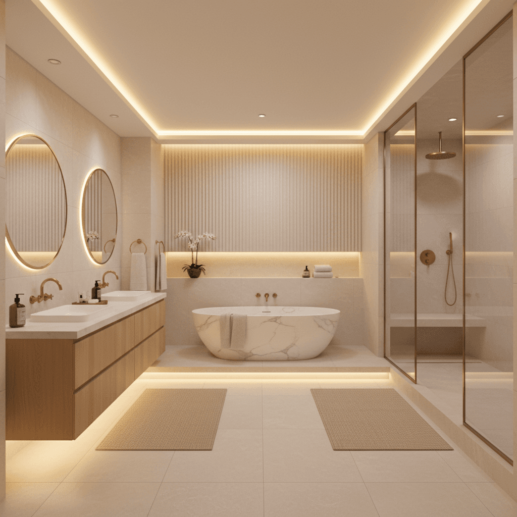 Finished luxury bathroom interior with warm lighting and a neutral palette