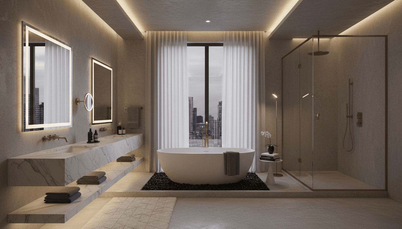 Luxury modern bathroom with contemporary fixtures and warm ambient lighting
