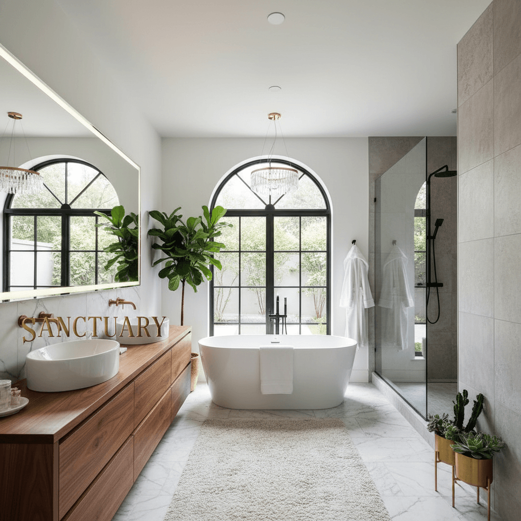 Luxury primary bathroom with a freestanding soaking tub and custom double vanity