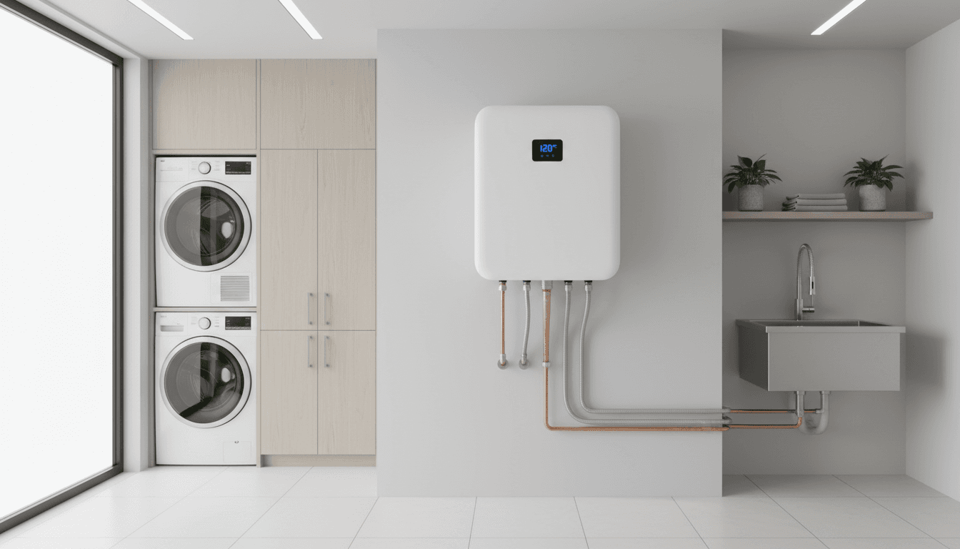 Compact tankless water heater mounted on the wall of a modern utility room