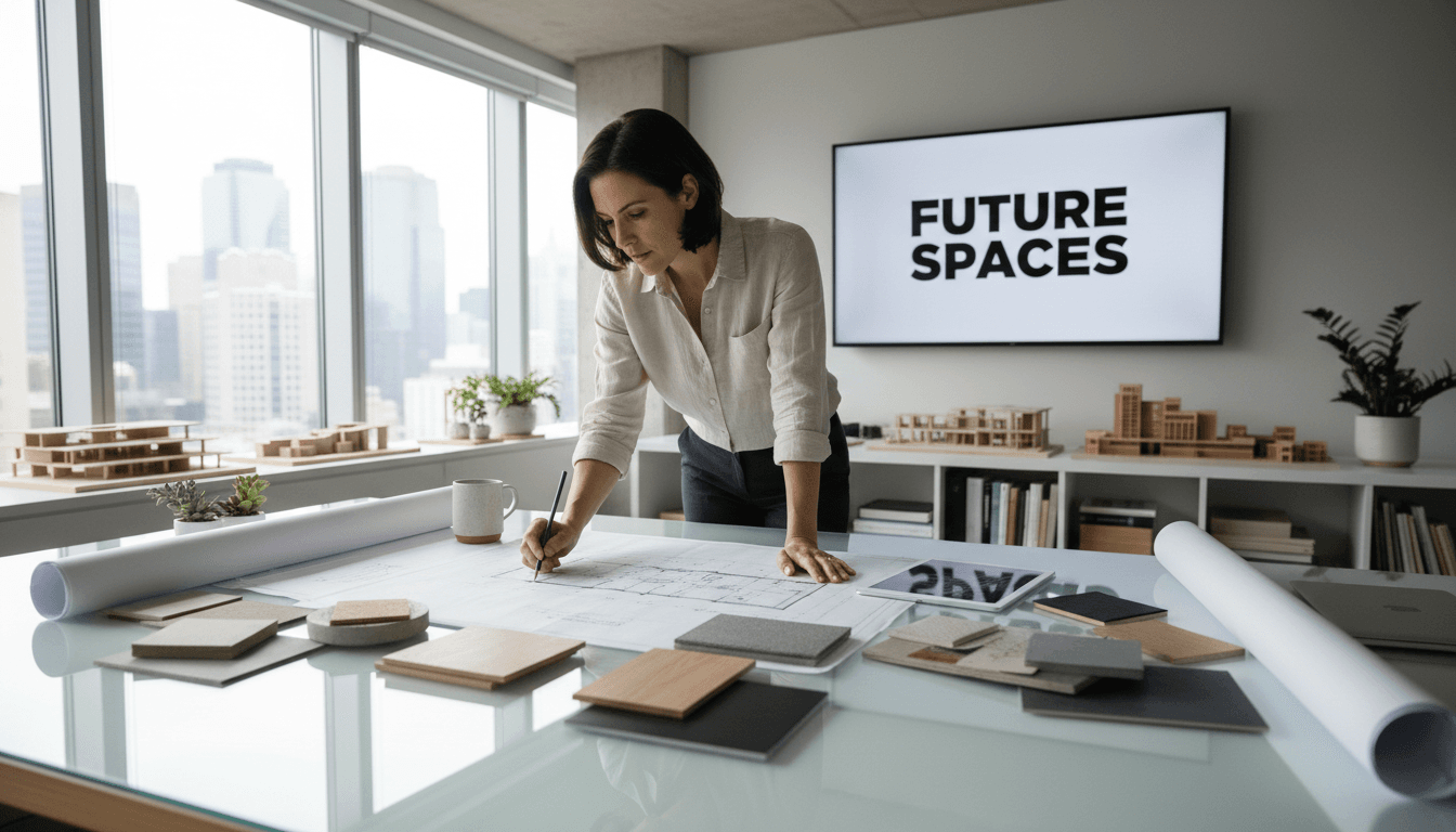 Architect reviewing blueprints and material samples at a bright modern design table