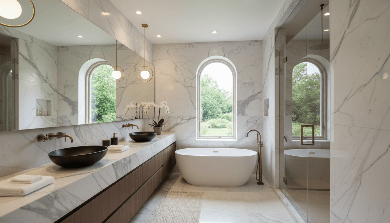 Modern luxury bathroom with marble countertops and contemporary fixtures