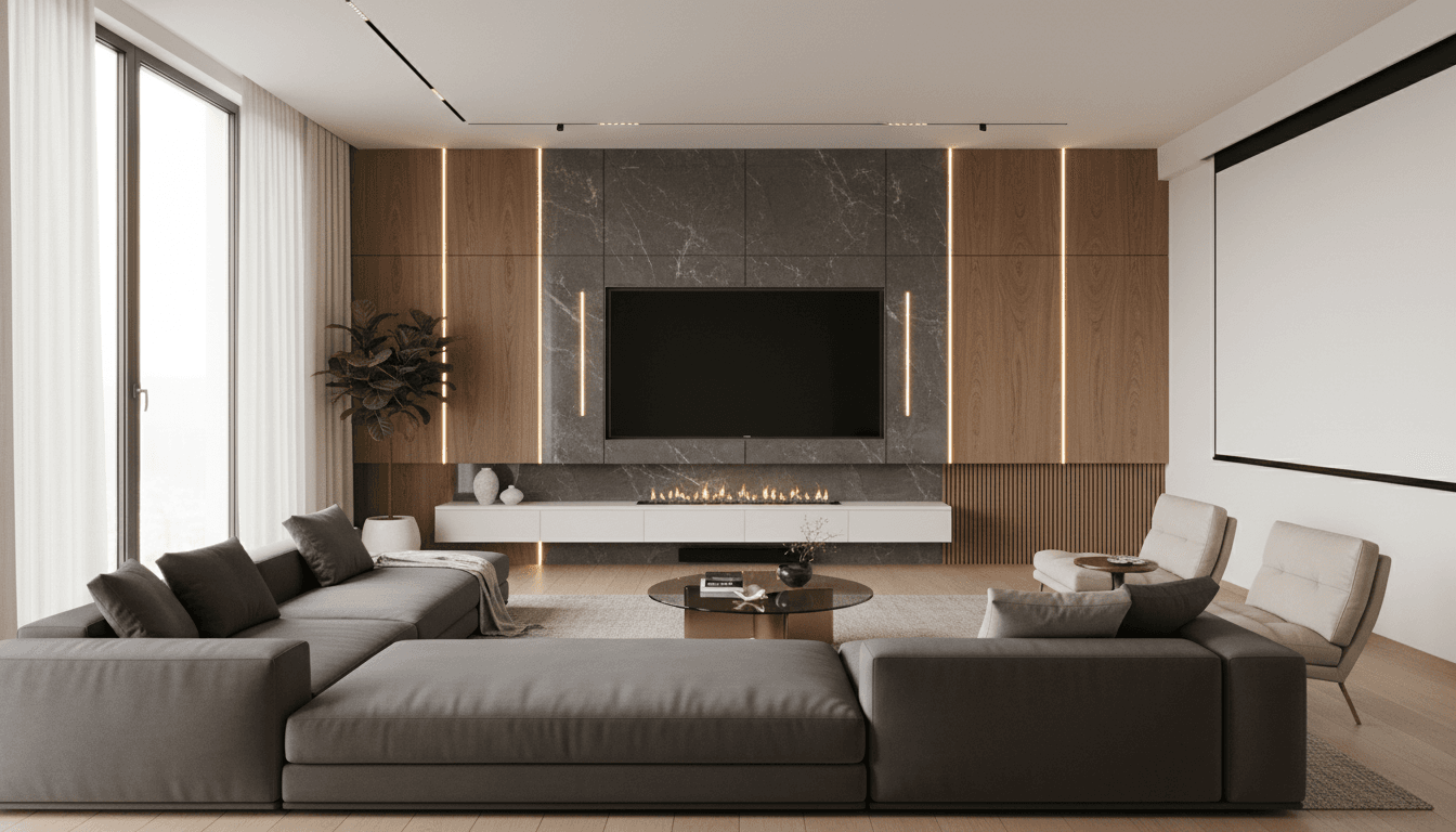 Modern living room with custom media wall installation