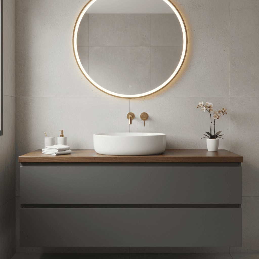 Sleek bathroom vanity with designer fixtures