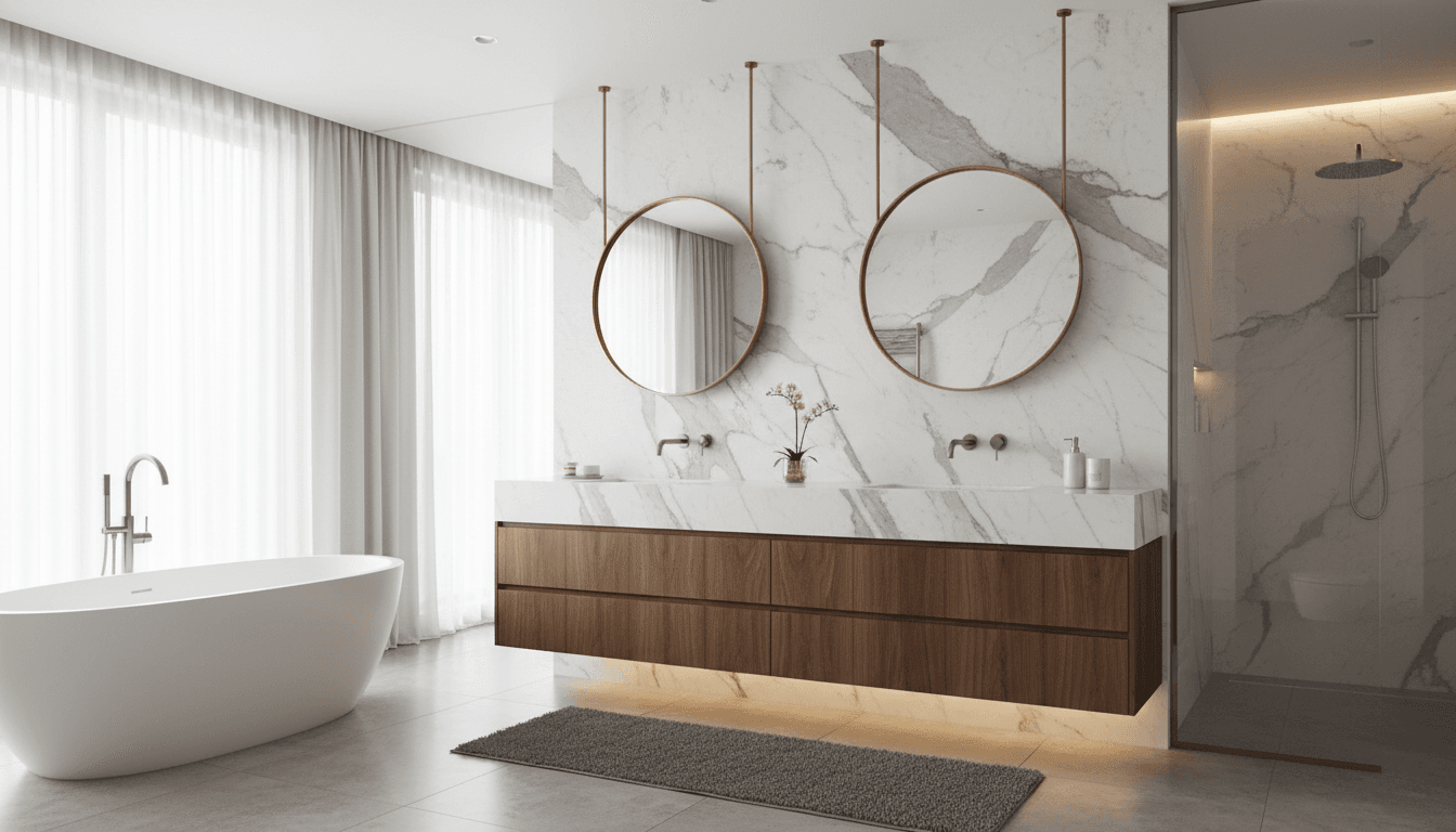 Custom vanity with marble top and wood cabinetry in a luxury bathroom