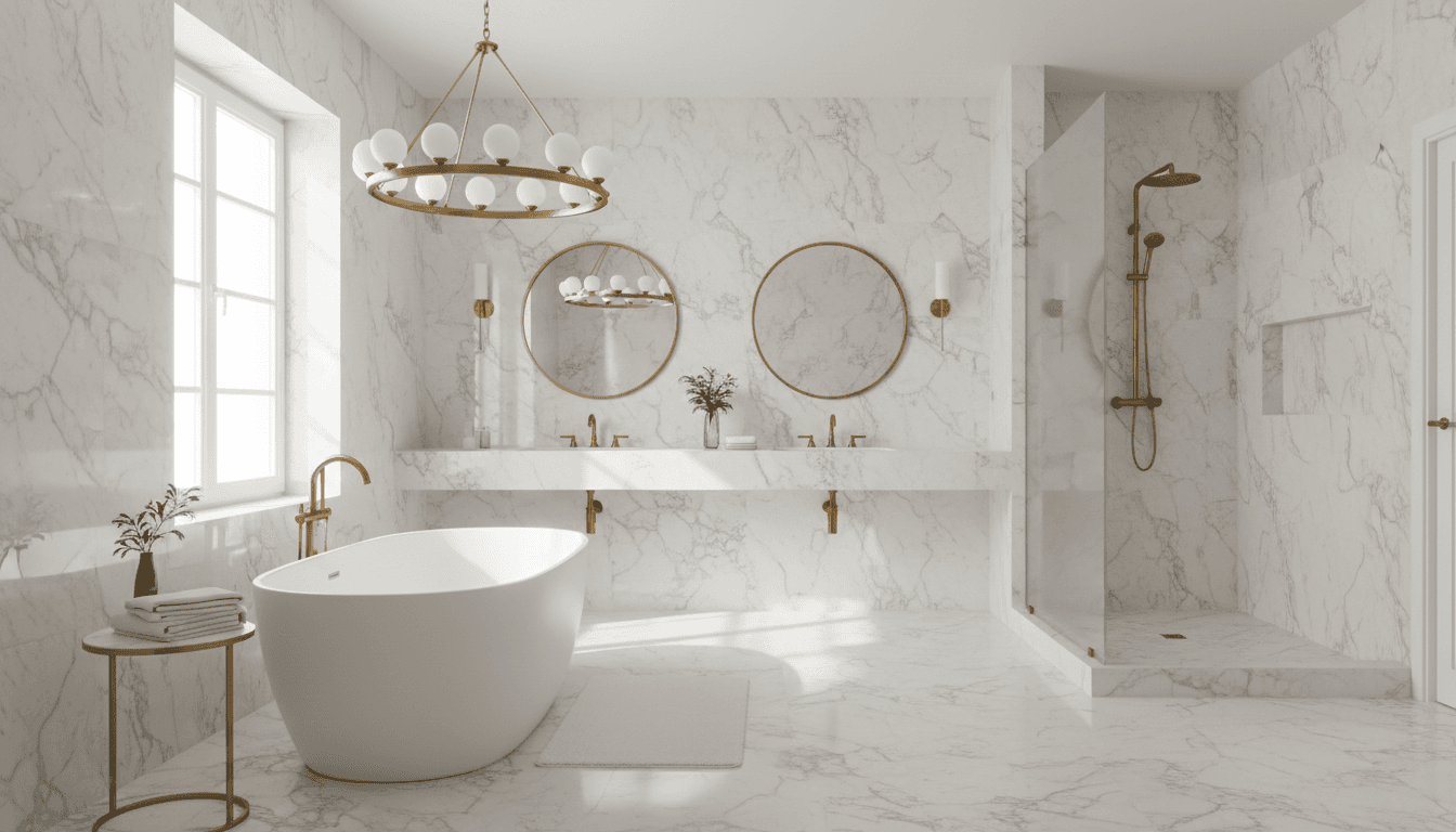 Freestanding soaking tub in a marble bathroom