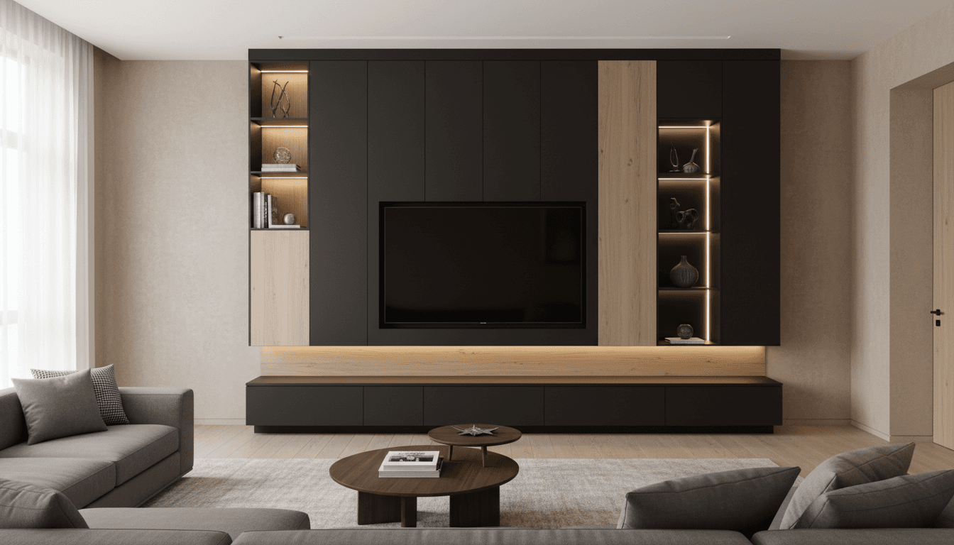 Custom luxury media wall with built-in shelving and ambient lighting in a modern living room