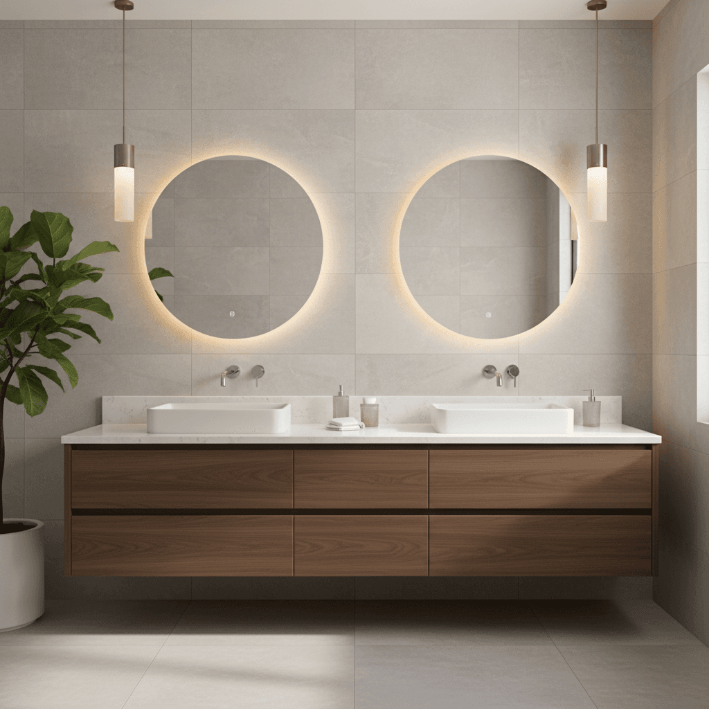 Custom double vanity with a quartz countertop and premium faucets