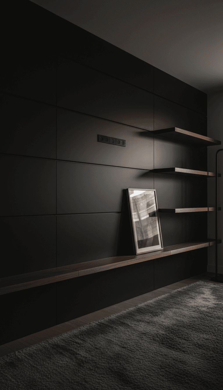 Custom media wall with walnut shelves and hidden wiring in a Philadelphia living room