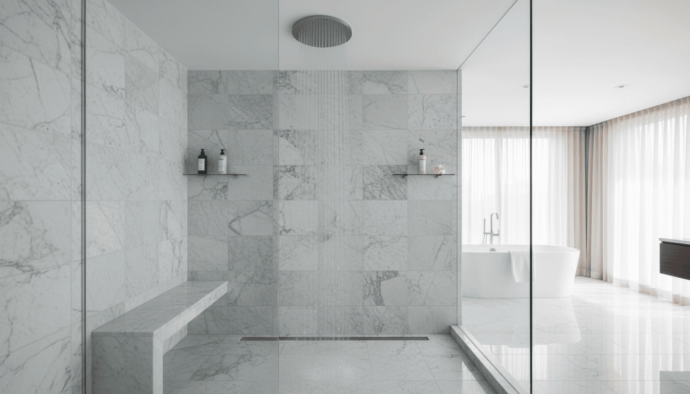 Walk-in shower with rainfall showerhead