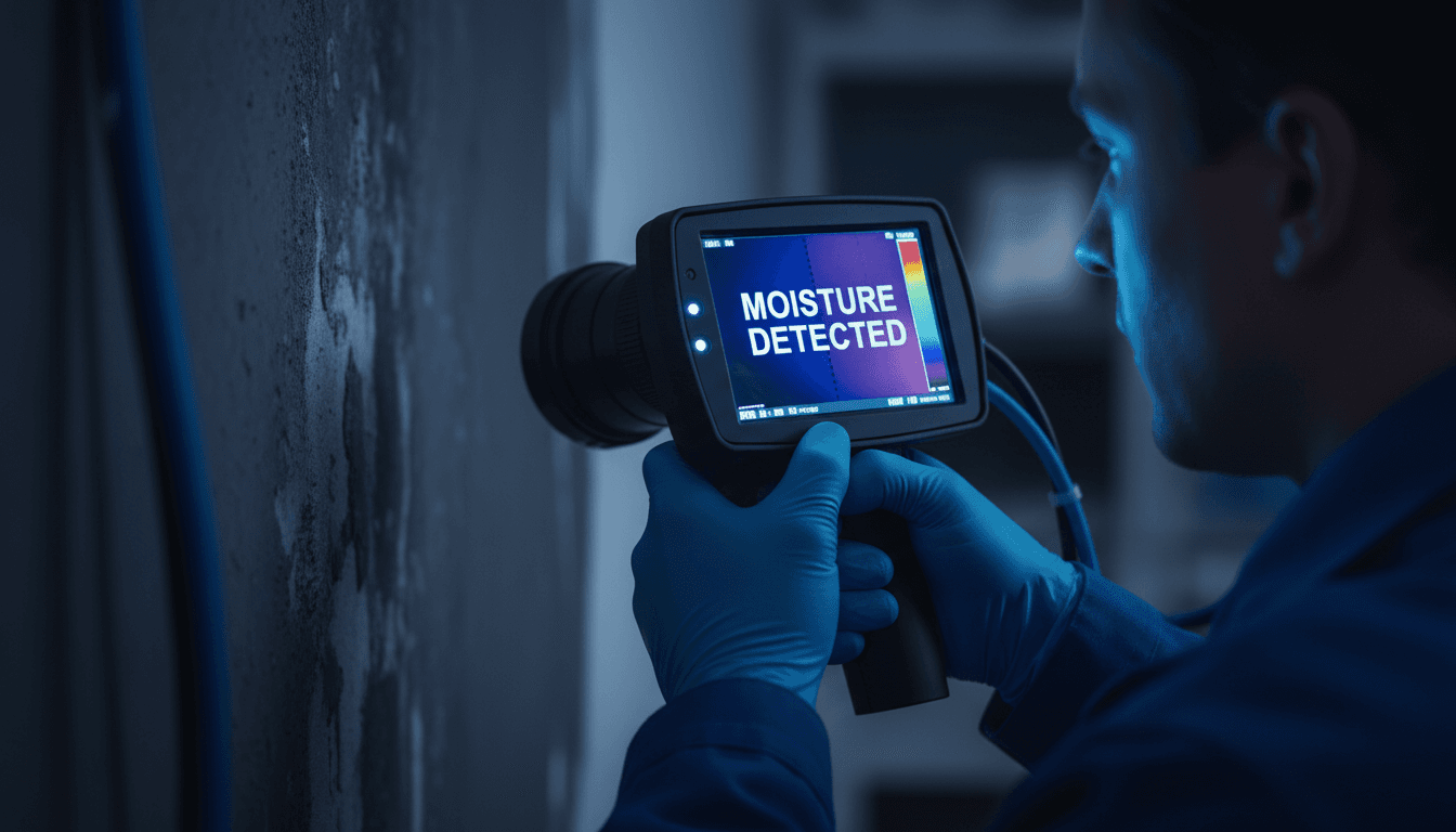 Technician using a thermal imaging camera on a damp wall