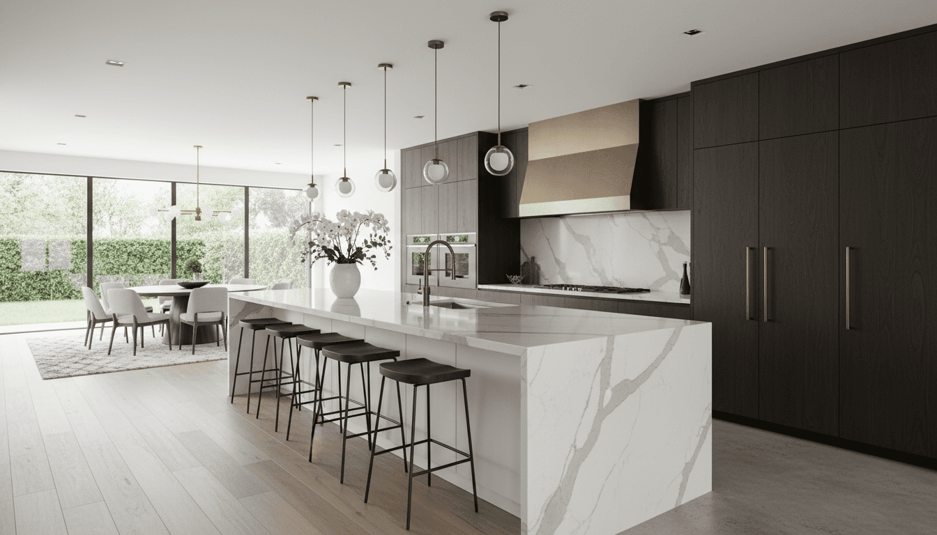 Polished quartz countertop on a kitchen island with waterfall edge