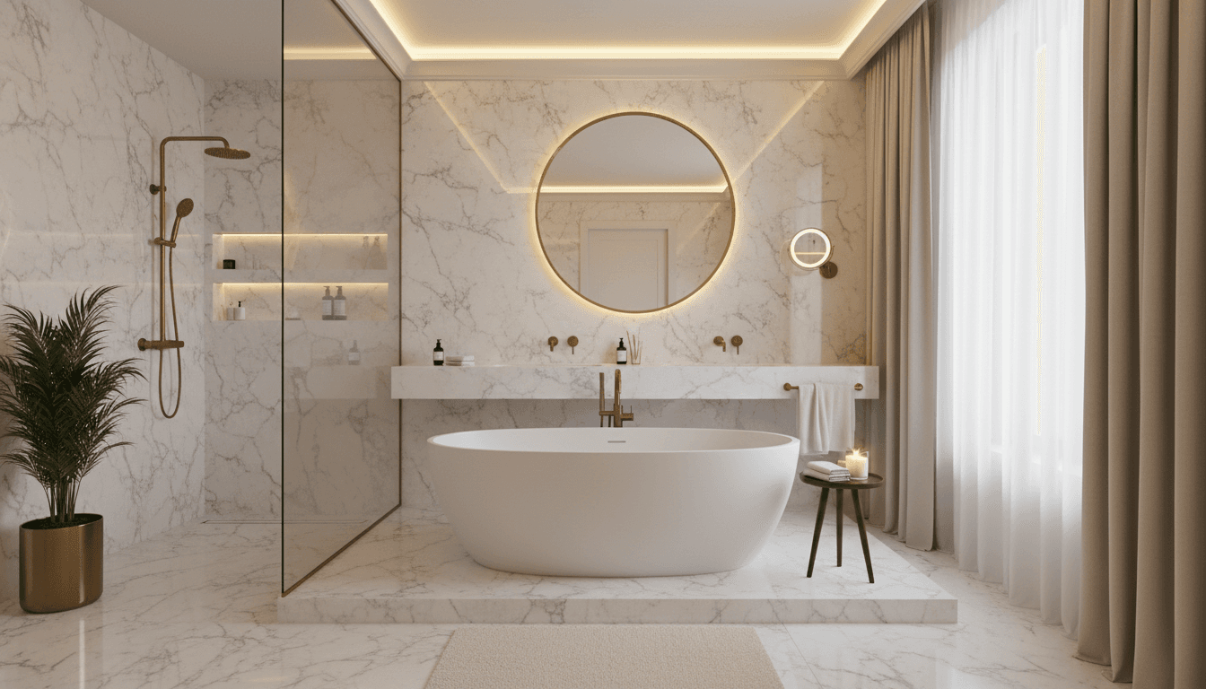 Luxurious modern bathroom with marble walls and a freestanding tub