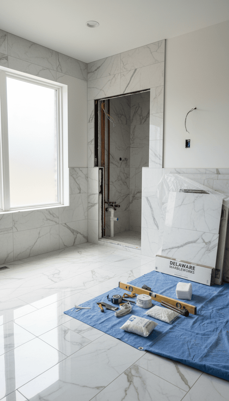 Luxury bathroom renovation under construction with marble porcelain tile and frameless shower frame