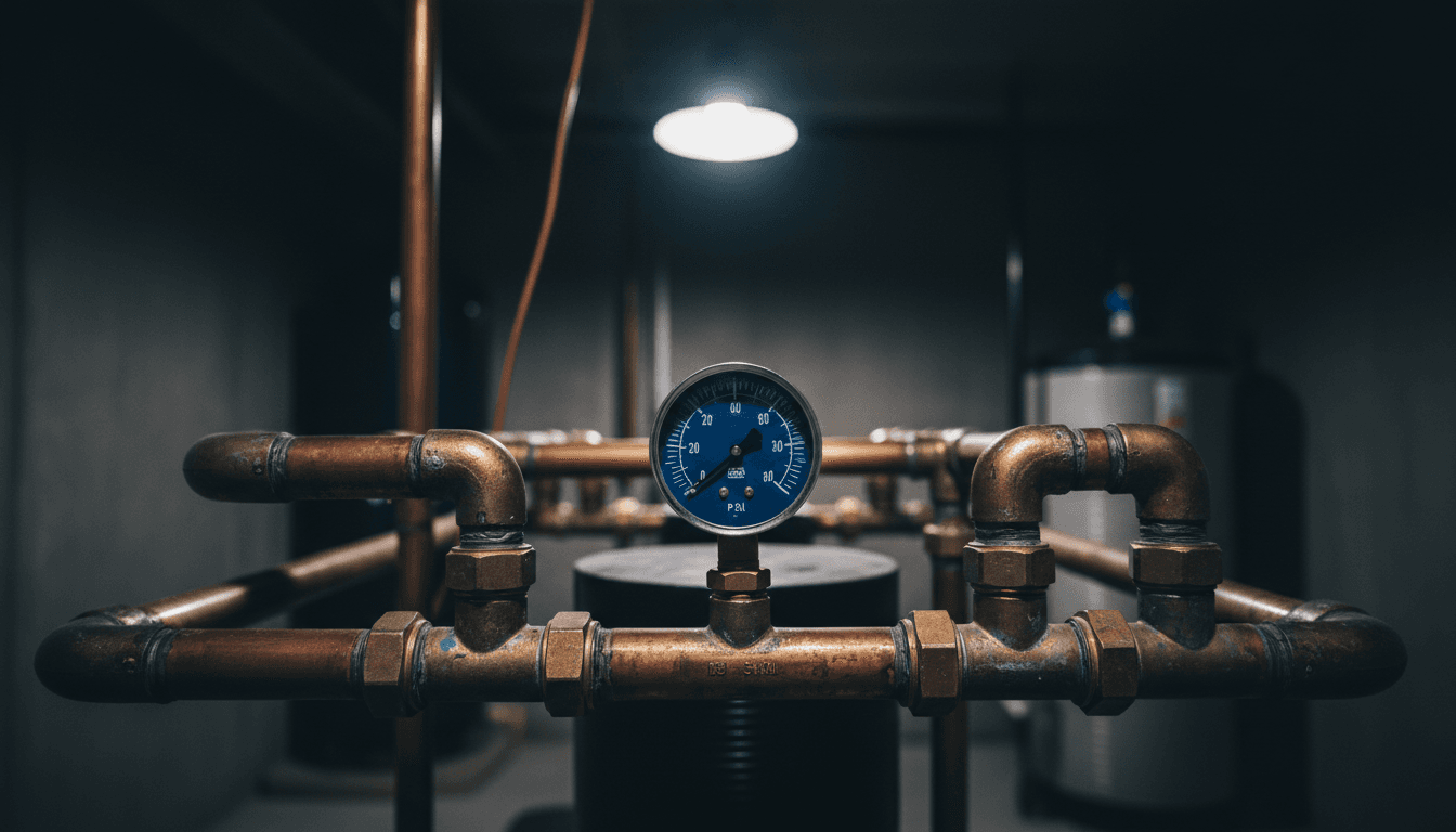 Close-up of a whole-house water filtration system installation with copper piping