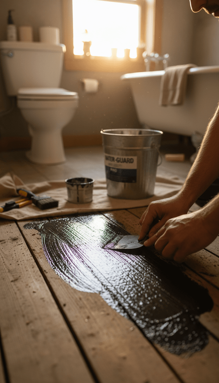 Close-up of hands applying waterproof membrane to a shower subfloor during a bathroom renovation