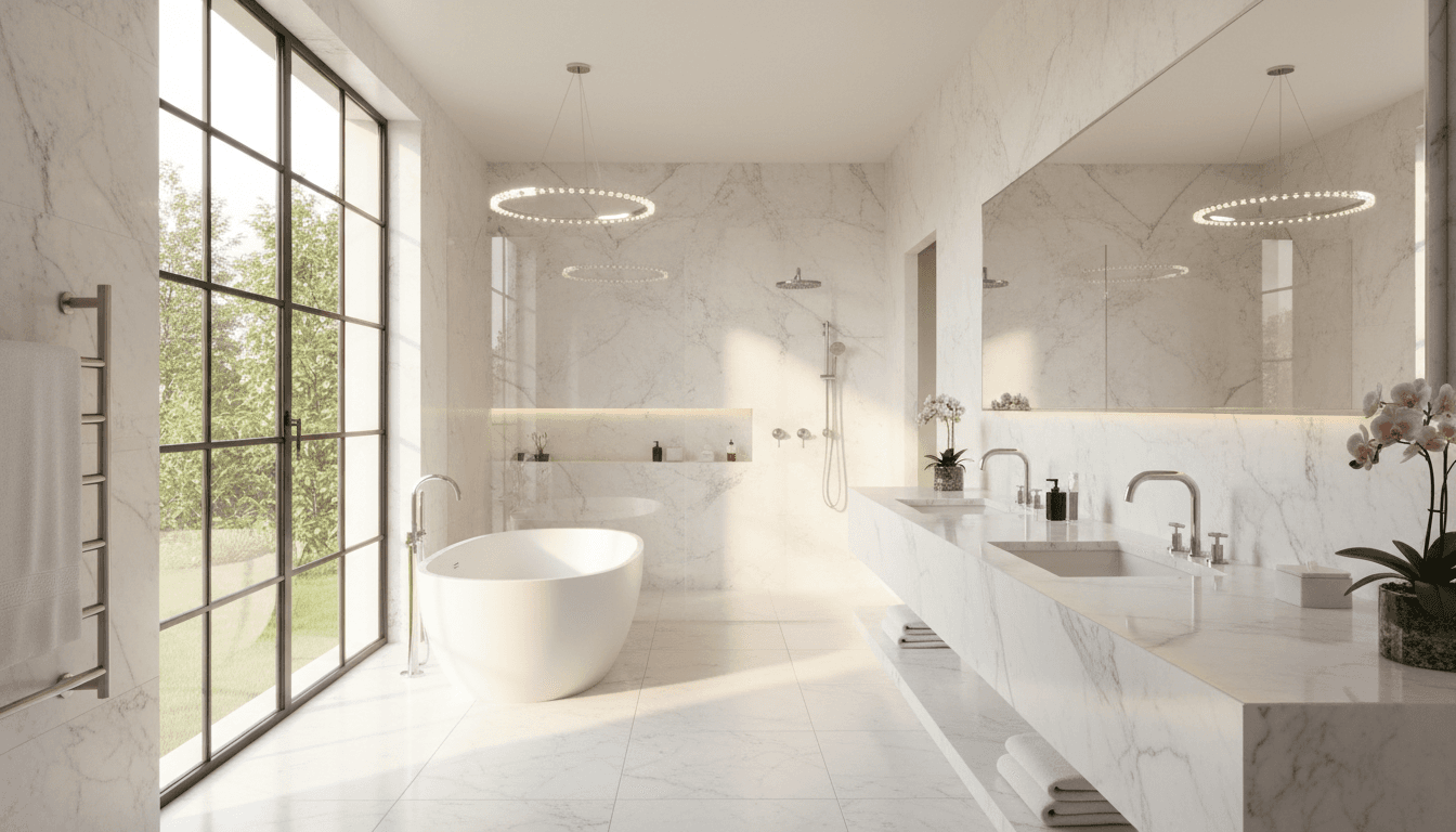 Luxury bathroom with marble countertops and contemporary fixtures