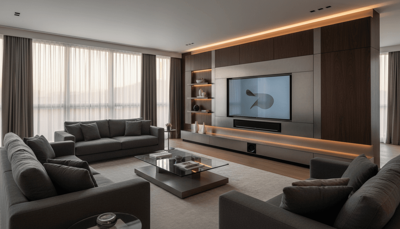 Luxury living room with a sleek AV system, hidden cables, and modern design.