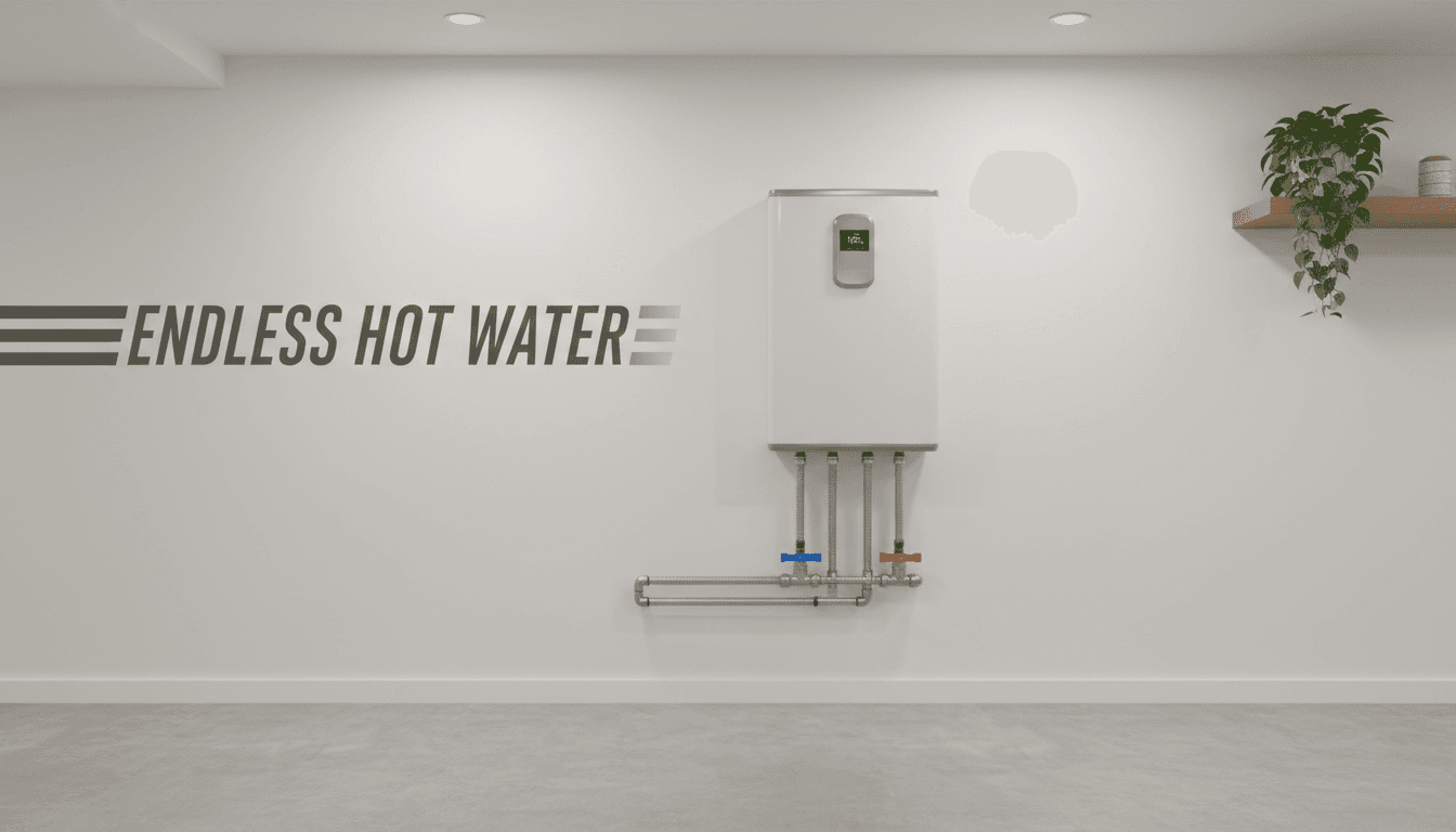 Compact tankless water heater on a wall