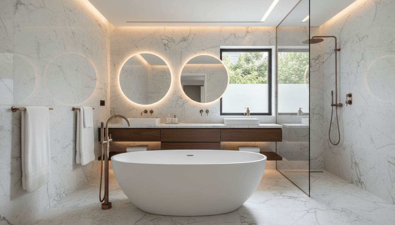 Luxury bathroom with a freestanding soaking tub, marble walls, and modern fixtures