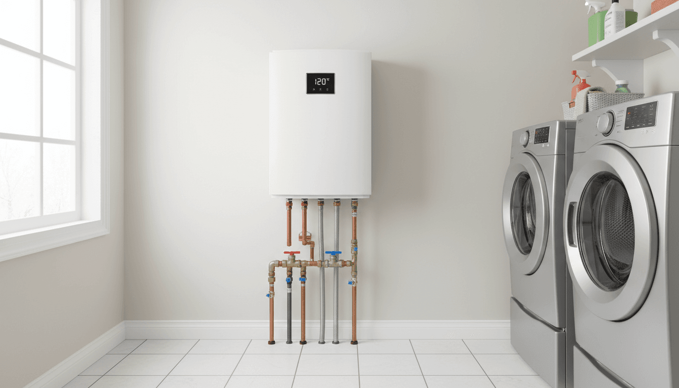 Modern tankless water heater installed on a wall in a bright utility room