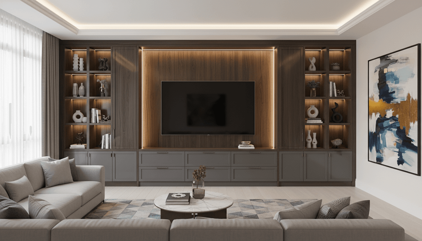 Custom media wall with large TV and built-in cabinetry in upscale living room