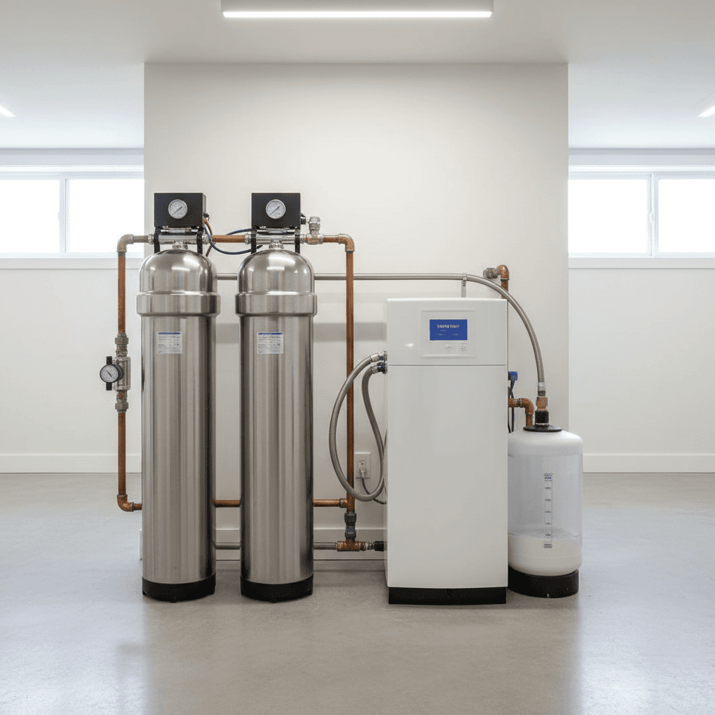 New stainless steel water filter and softener system installed in a clean basement