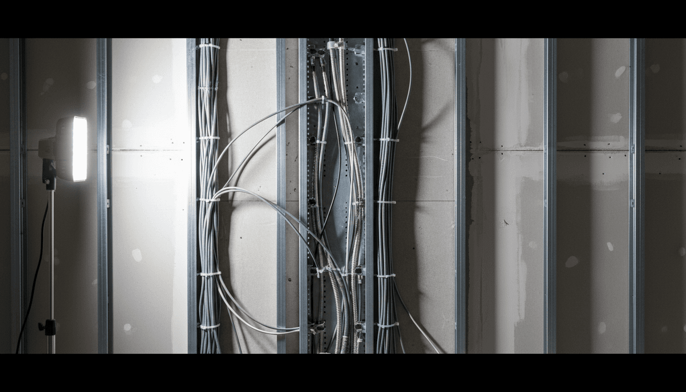 Organized cables and conduit hidden behind a media wall