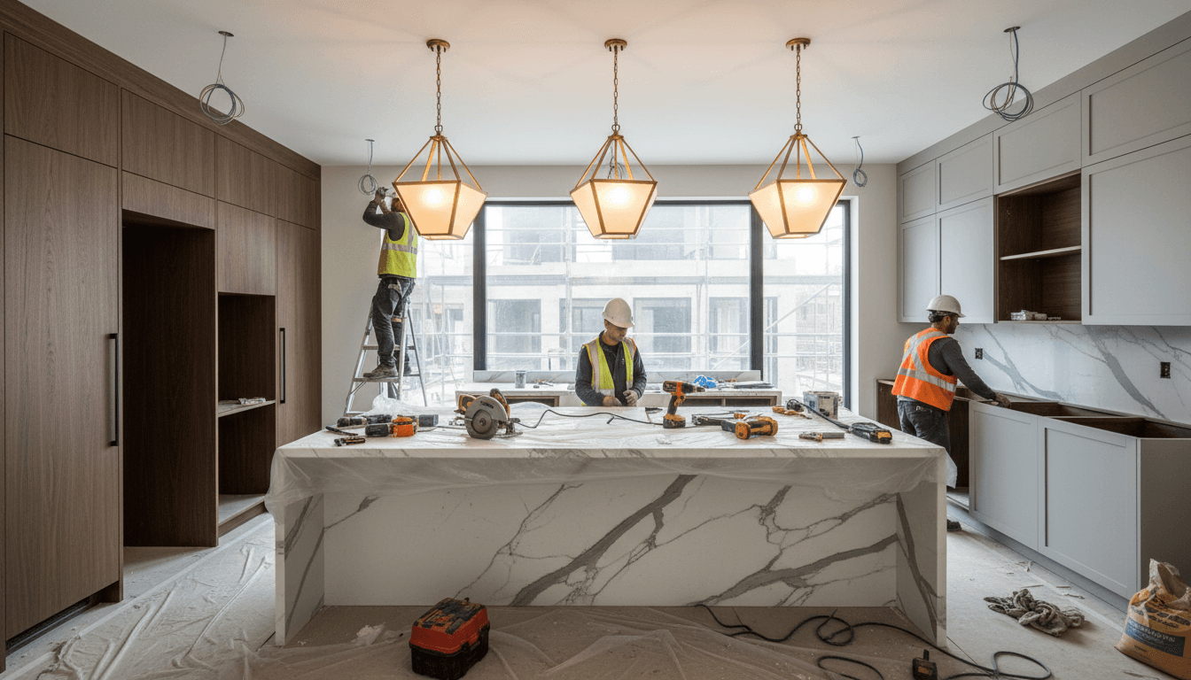 Kitchen renovation under construction with modern finishes and cabinetry