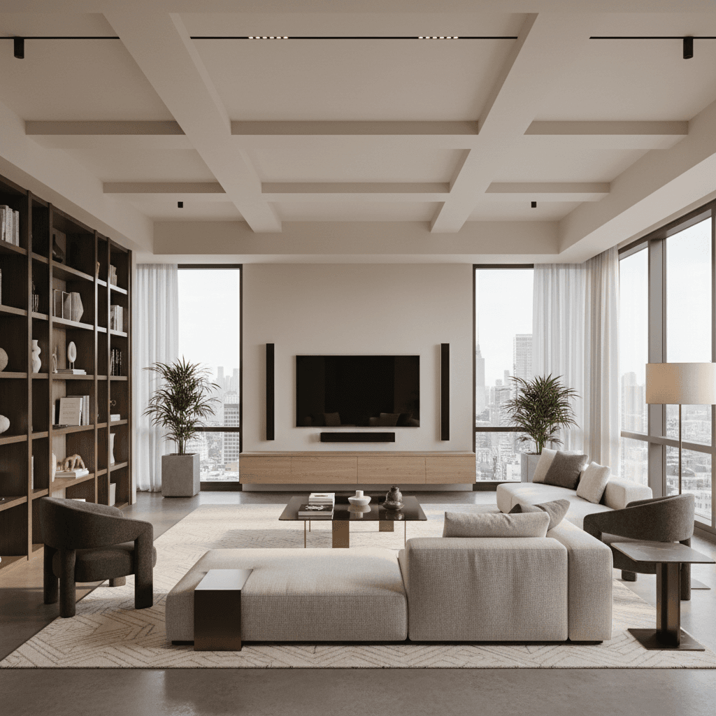 Contemporary luxury living room with modern furnishings and refined design elements