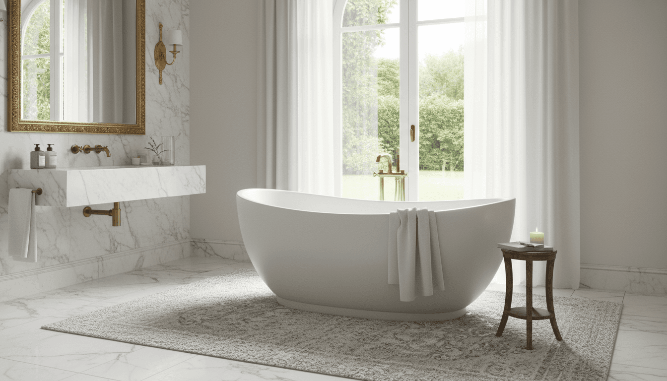 Freestanding soaking tub in an elegant renovated bathroom