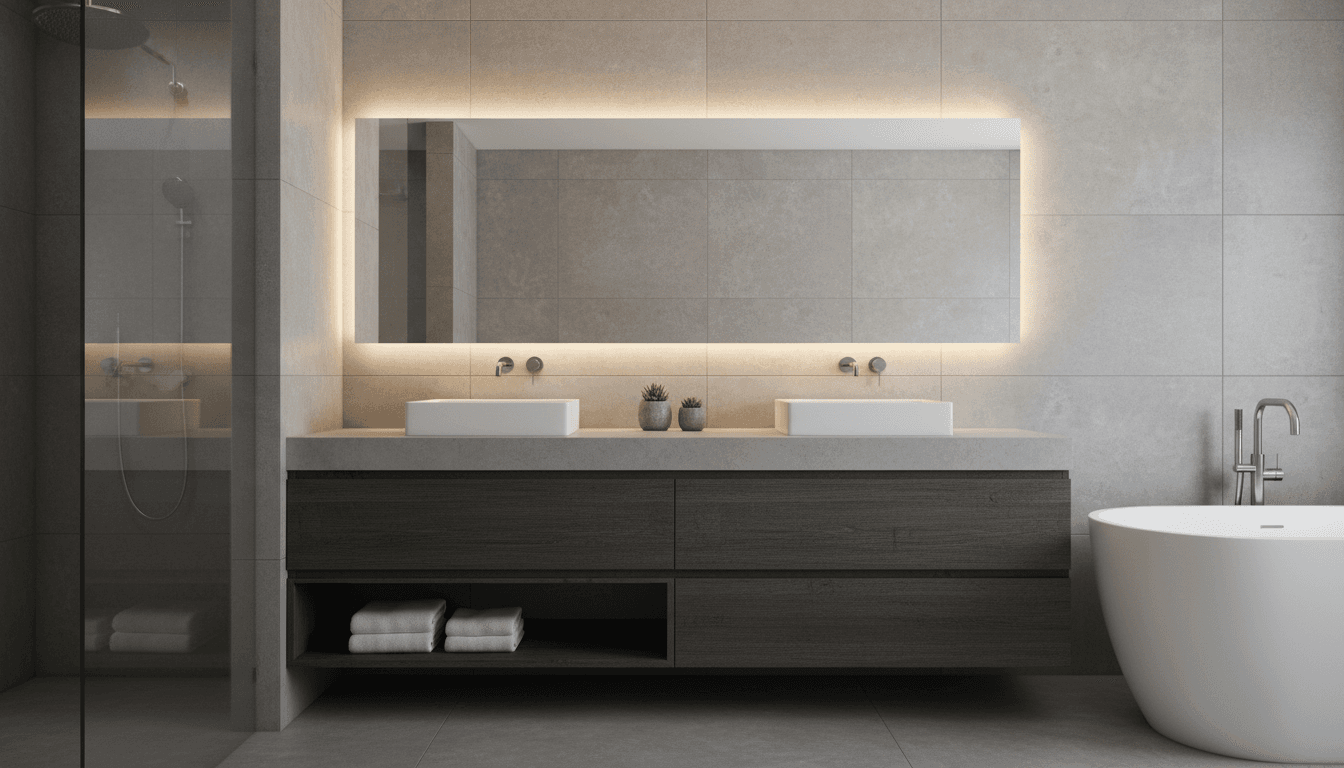 Modern double vanity with backlit mirror and elegant fixtures