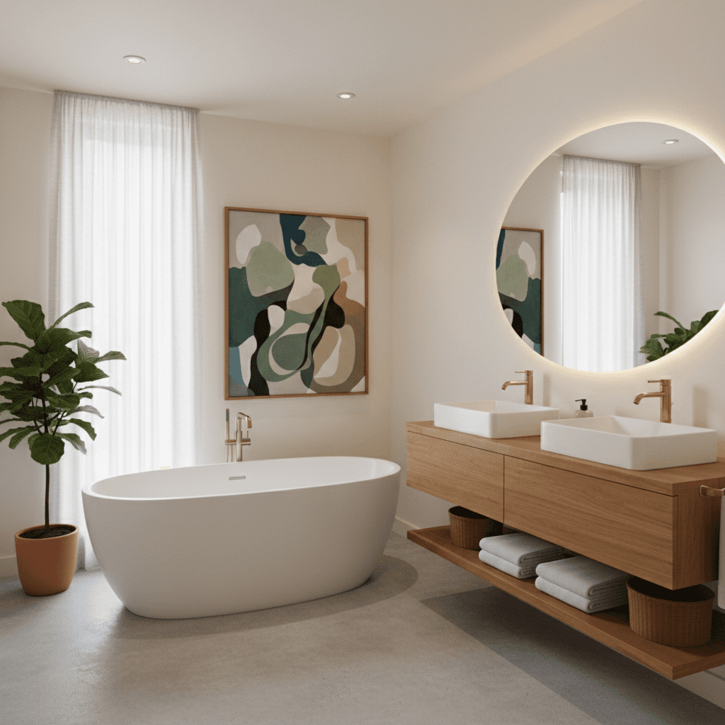 Small bathroom with freestanding soaking tub and warm wood vanity