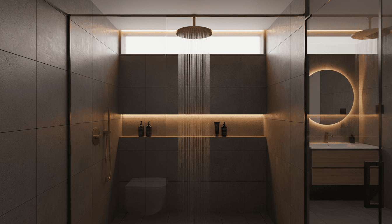 Modern bathroom with a rainfall showerhead and warm lighting