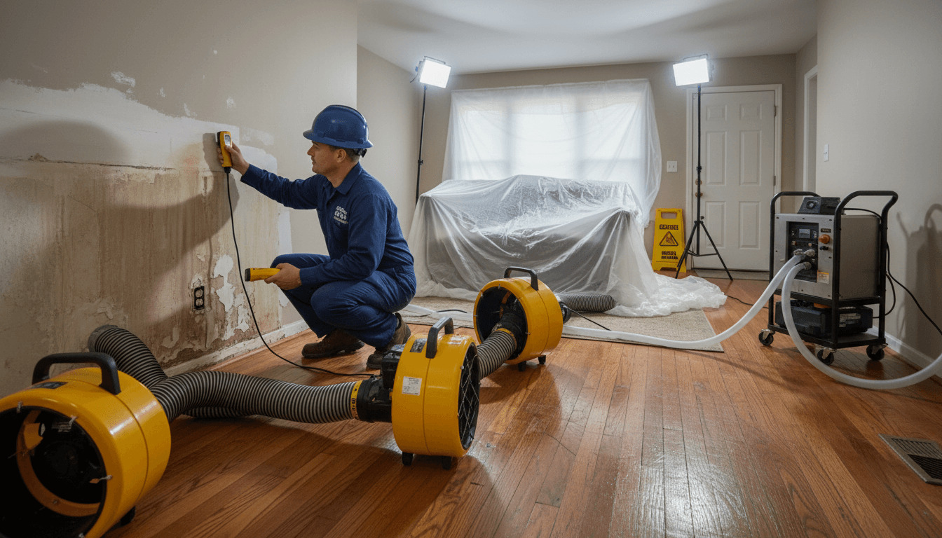 Professional restoration technician assessing water damage in home