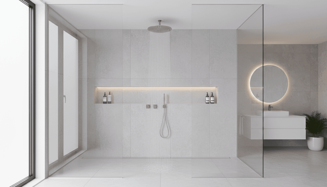 Sleek walk-in shower with glass enclosure and rainfall showerhead