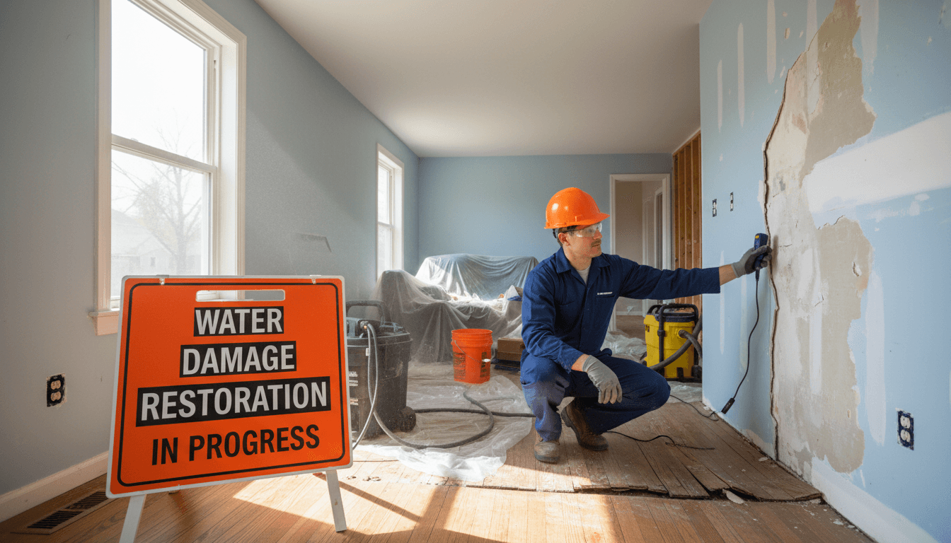 Contractor assessing water damage in a residential interior during restoration work