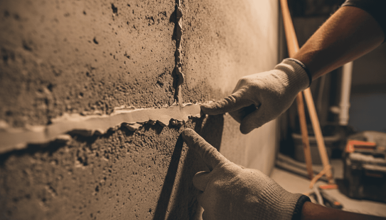 Close up of a foundation crack professionally sealed with hydraulic cement in a damp basement