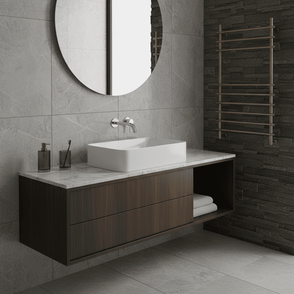 Close-up of premium bathroom fixtures and stone finishes