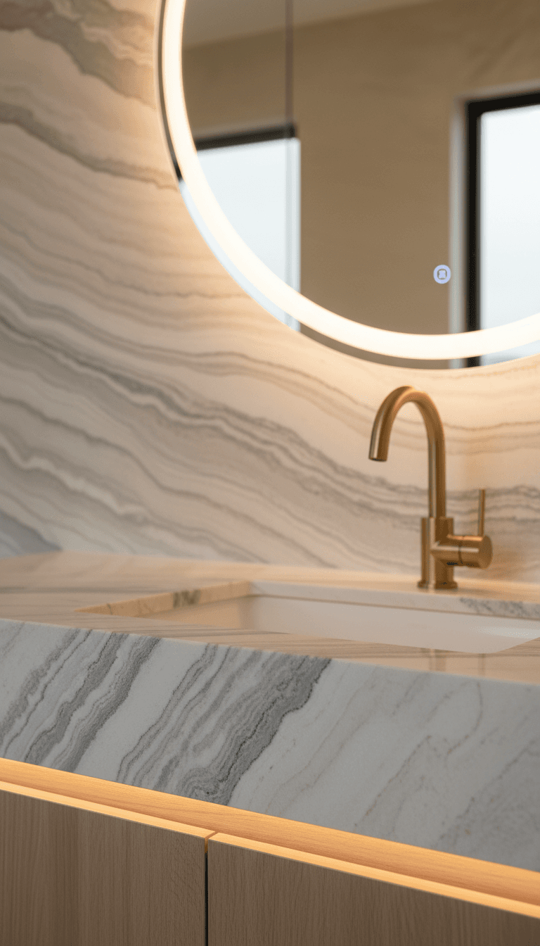 Luxury bathroom vanity with quartzite countertop and brushed gold faucet