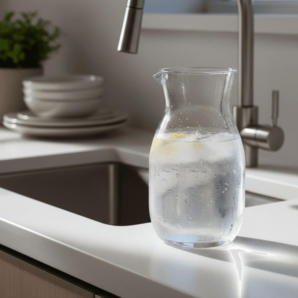 Glass pitcher of clear filtered water on a kitchen counter