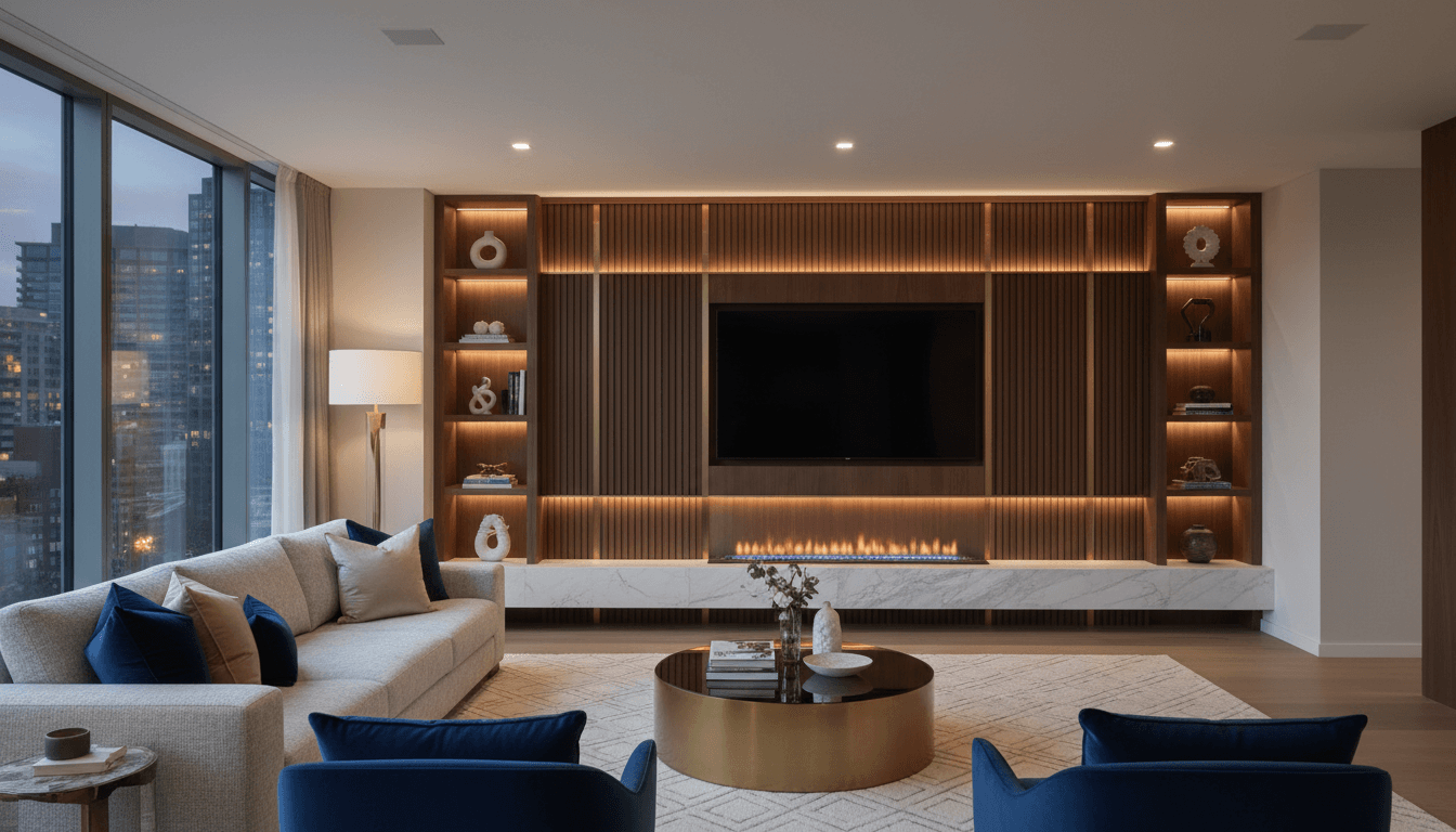 Upscale living room with integrated media wall and sophisticated design
