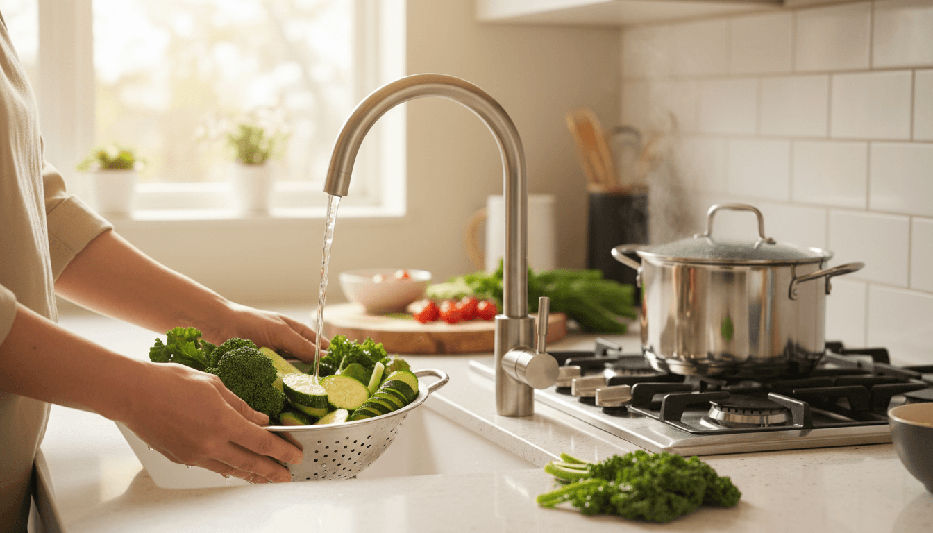 home chef rinsing vegetables under filtered water