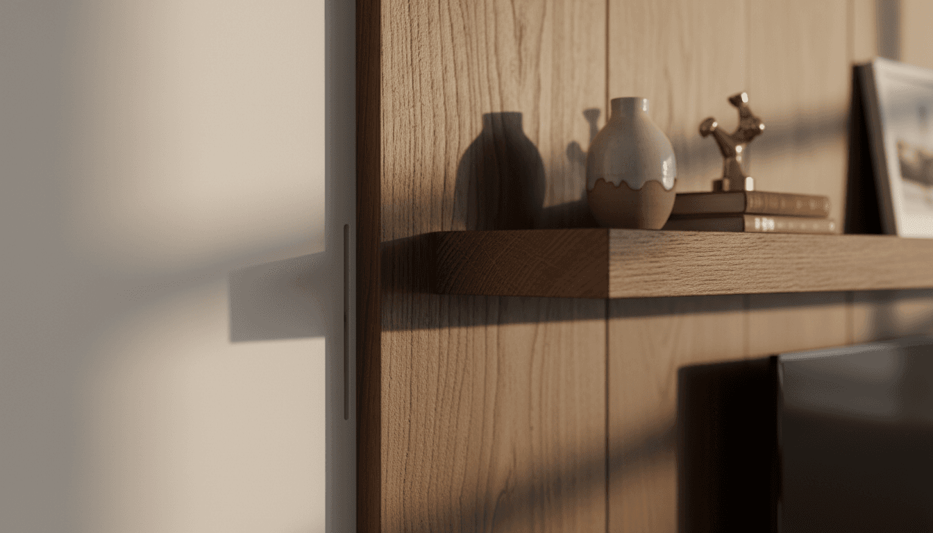 Close-up detail of premium media wall joinery and cable management