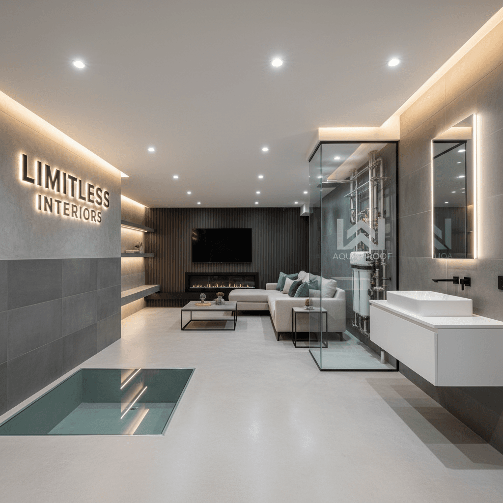 Modern basement with advanced waterproofing showcasing durability and high-end finishes.